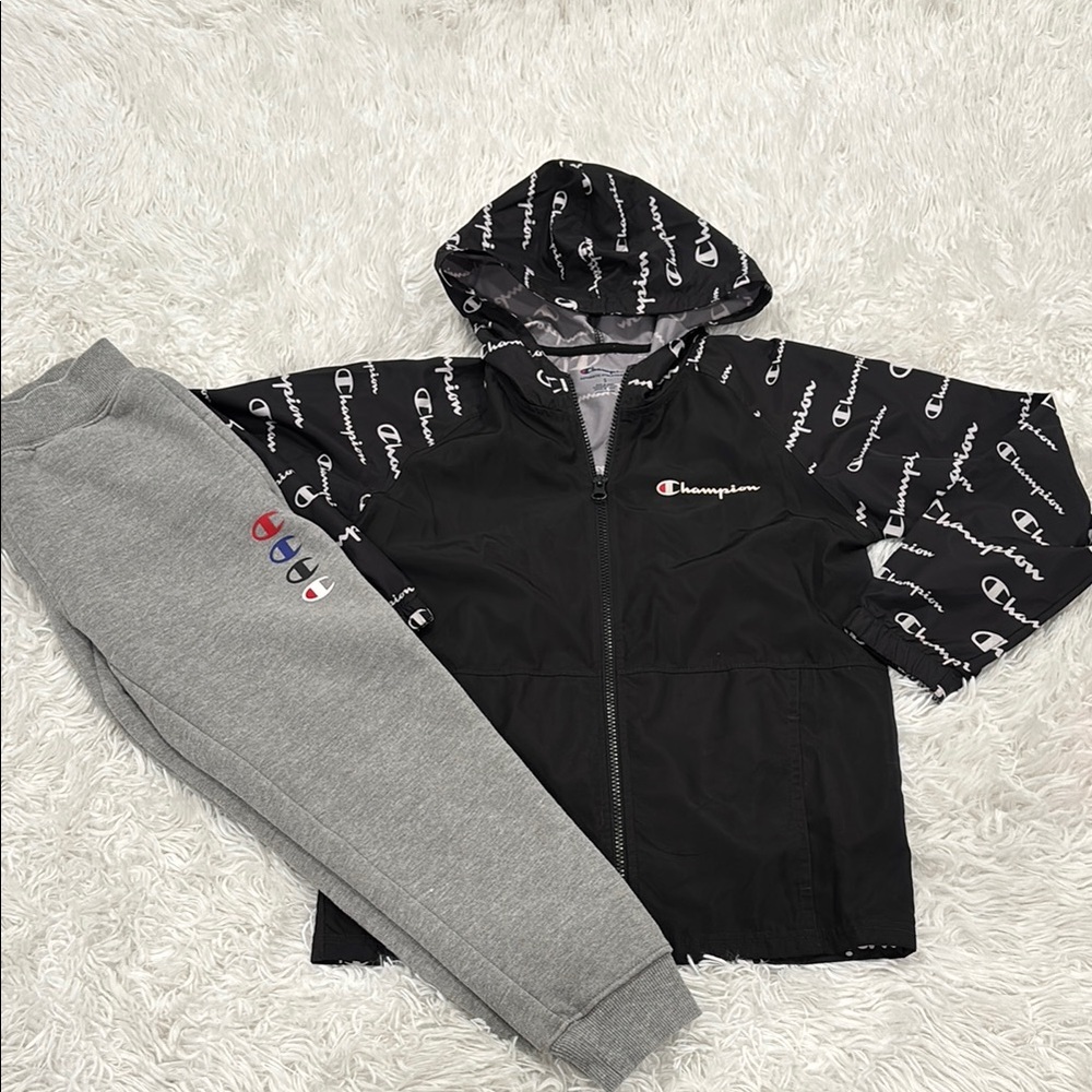 Champion Black Raincoat with Full-Length Zipper and 2 sweatpants